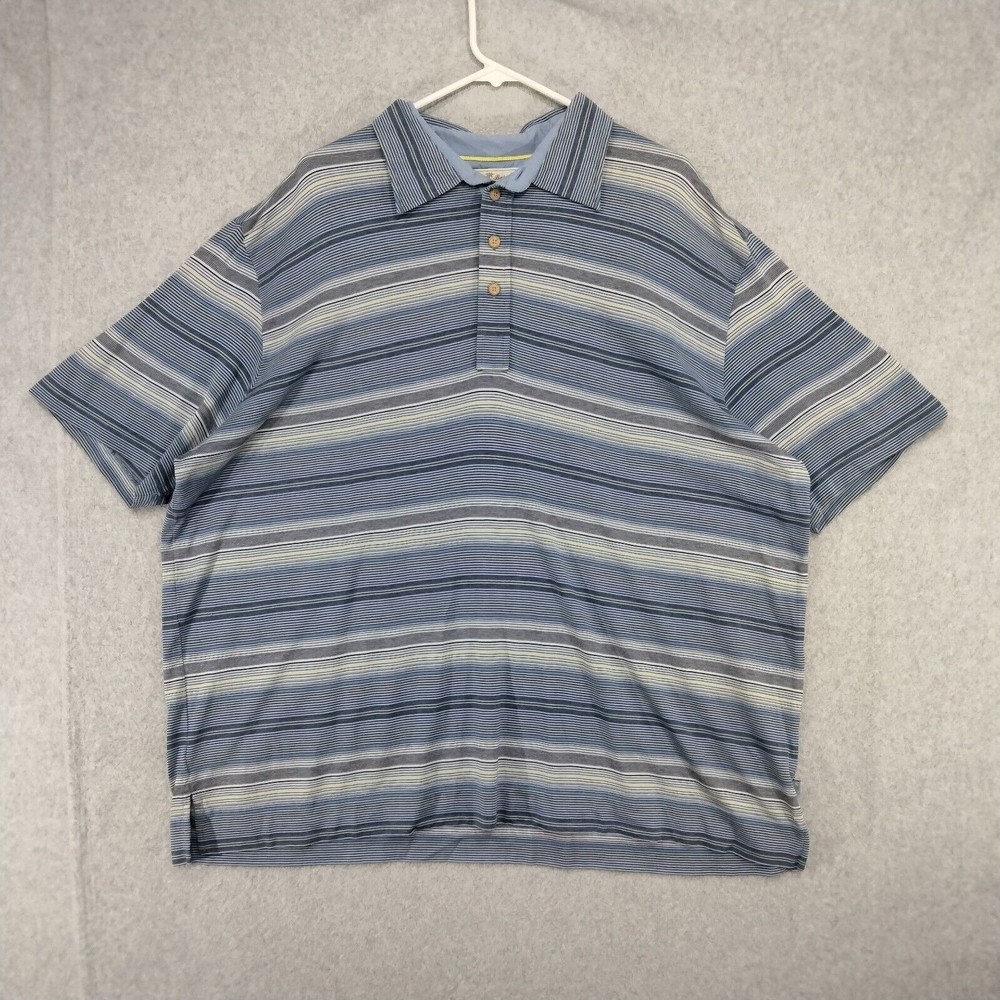 Tommy Bahama Mens Size XXL Silk Blend Blue Short Sleeve Polo Shirt Striped